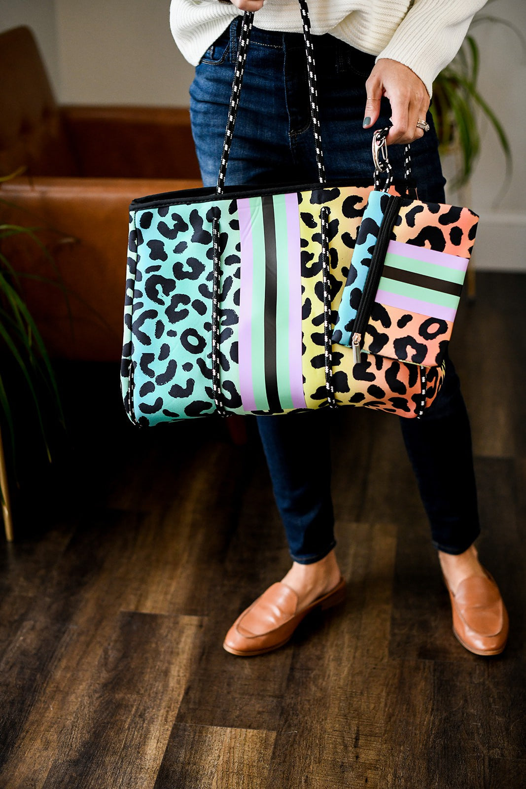 Ready to Ship | The Jenna, Rainbow Leopard Neoprene Tote