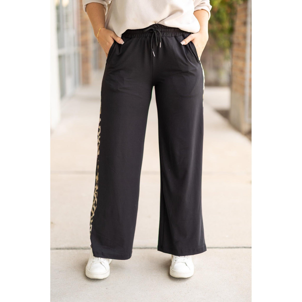 Chelsea - Black Wide Leg with Leopard Panel Loungers