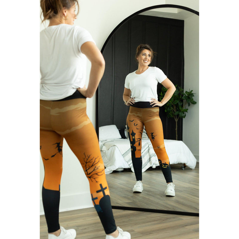 Ready to Ship | Orange Haunted House Halloween Leggings (No Pocket)