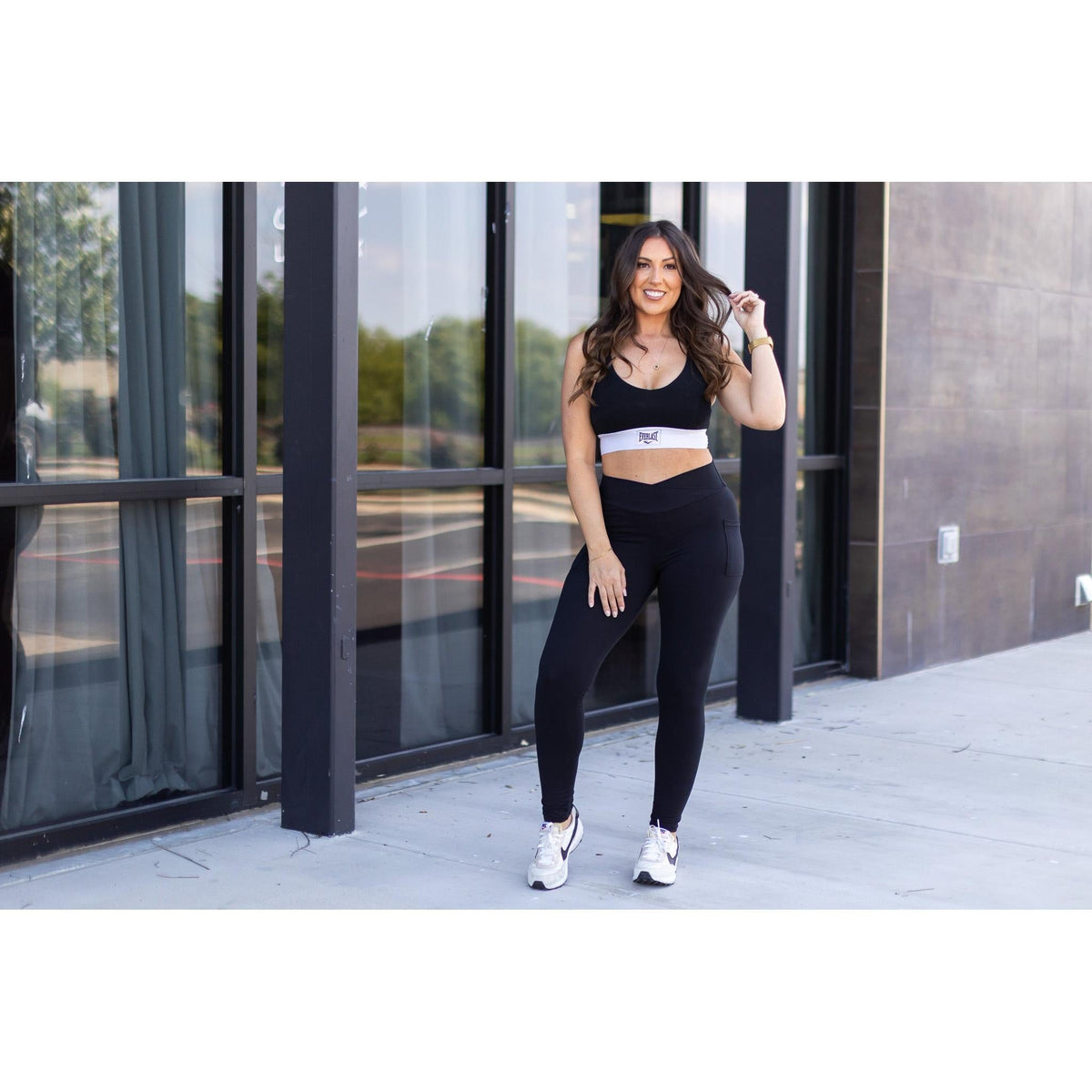Julia Rose Stephanie crossover black pocket leggings, Women wearing black crossover leggings
