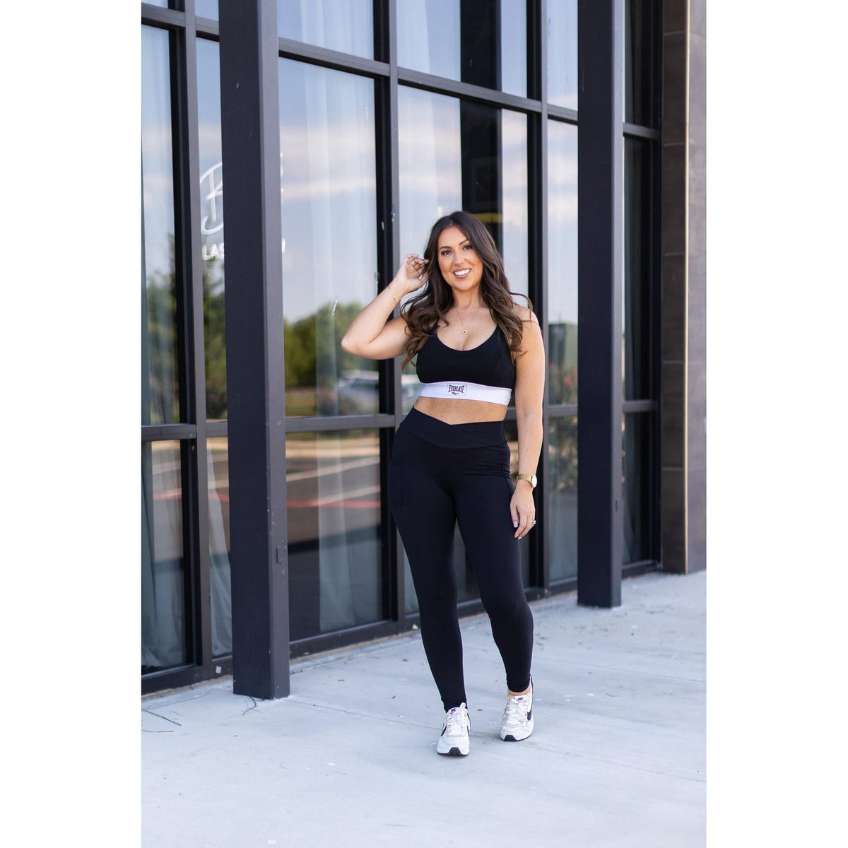 Julia Rose Stephanie crossover black pocket leggings, Women wearing black crossover leggings