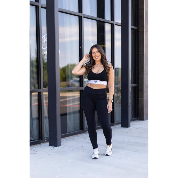 Julia Rose Stephanie crossover black pocket leggings, Women wearing black crossover leggings