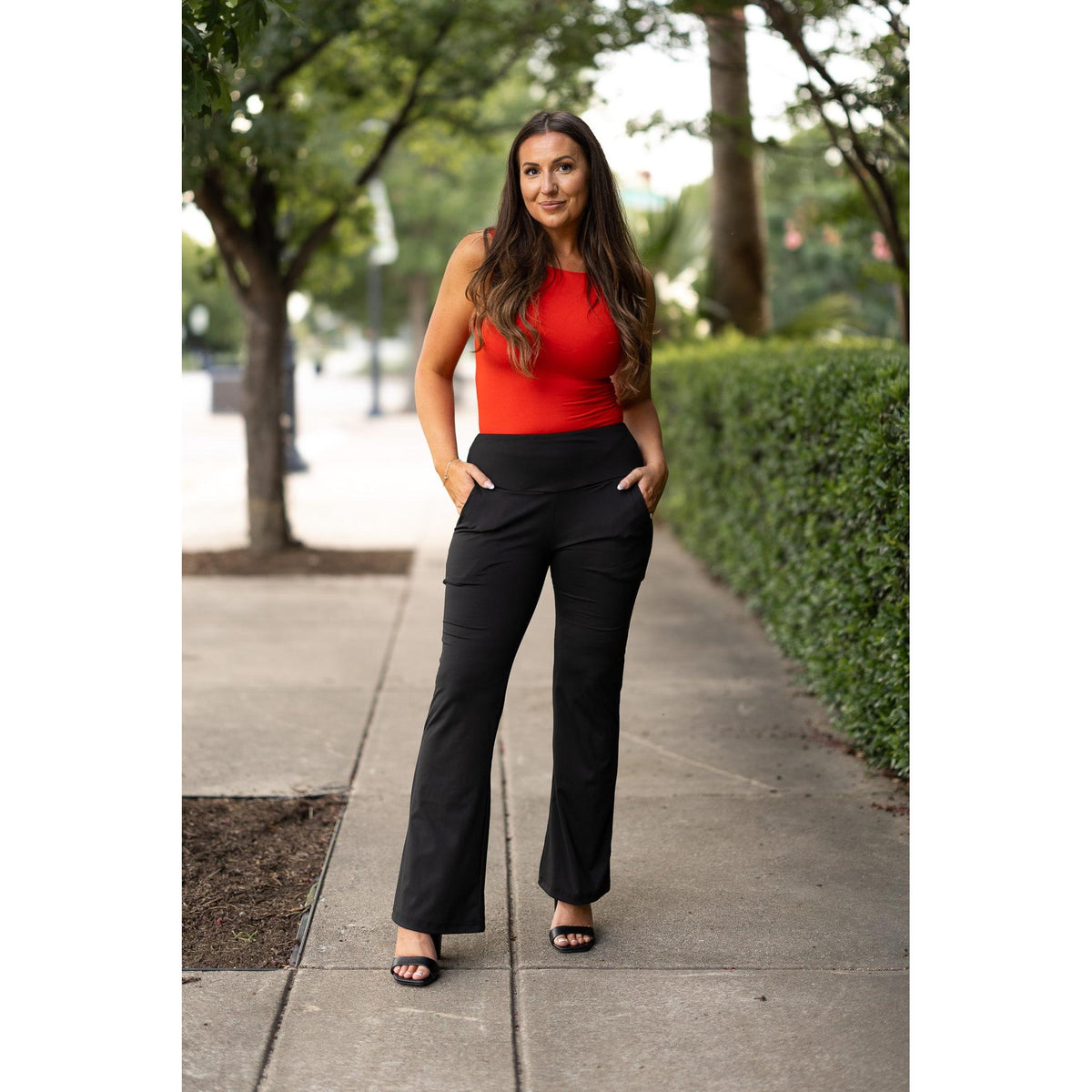 Julia Rose Mandi Everyday Tummy Control Pants women’s boutique pants front view, Woman wearing Julia Rose Mandi high waist tummy control pants