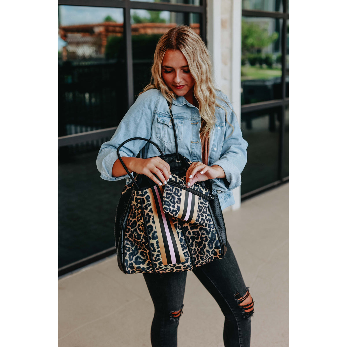 Ready to Ship  | The Sierra - Pink Stripe Leopard Neoprene Bag