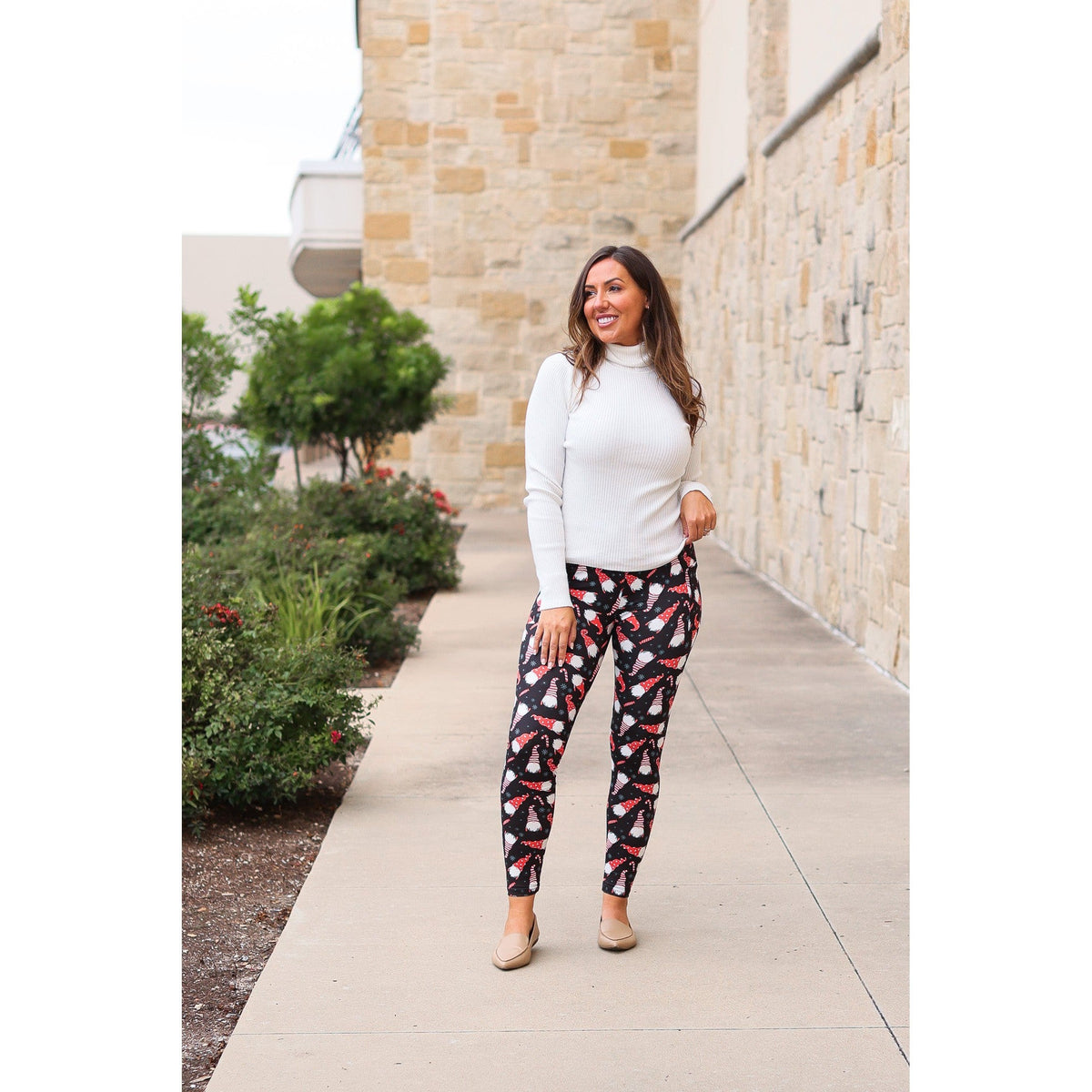 High-waisted buttery soft holiday leggings by Julia Rose Close-up of gnome print detail on Julia Rose holiday leggings