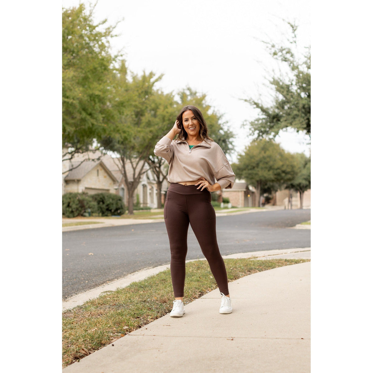 Becca - Brown Crossover Full-Length Leggings with Pockets