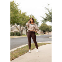 Becca - Brown Crossover Full-Length Leggings with Pockets