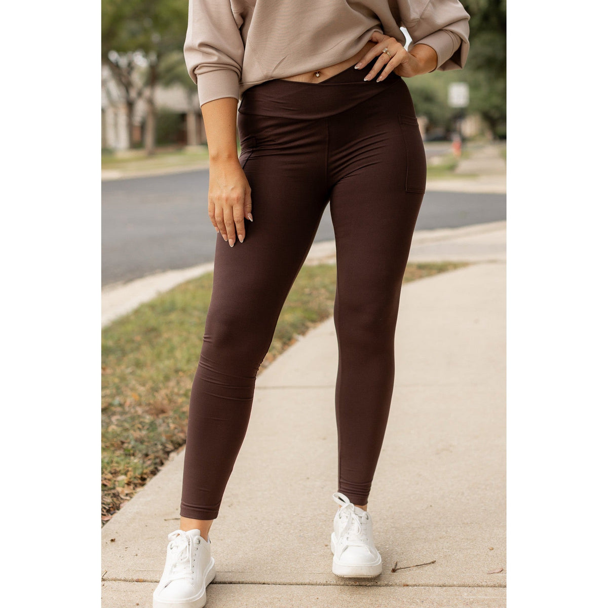 The Becca - BROWN Crossover Full Length Leggings with Pockets - Luxe Leggings by Julia Rose®