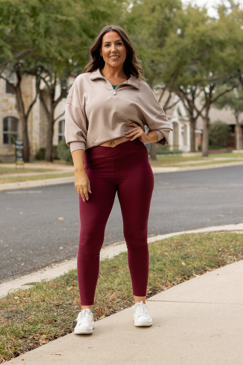 The Molly - MAROON Crossover Full Length Leggings with Pockets  - Luxe Leggings by Julia Rose®