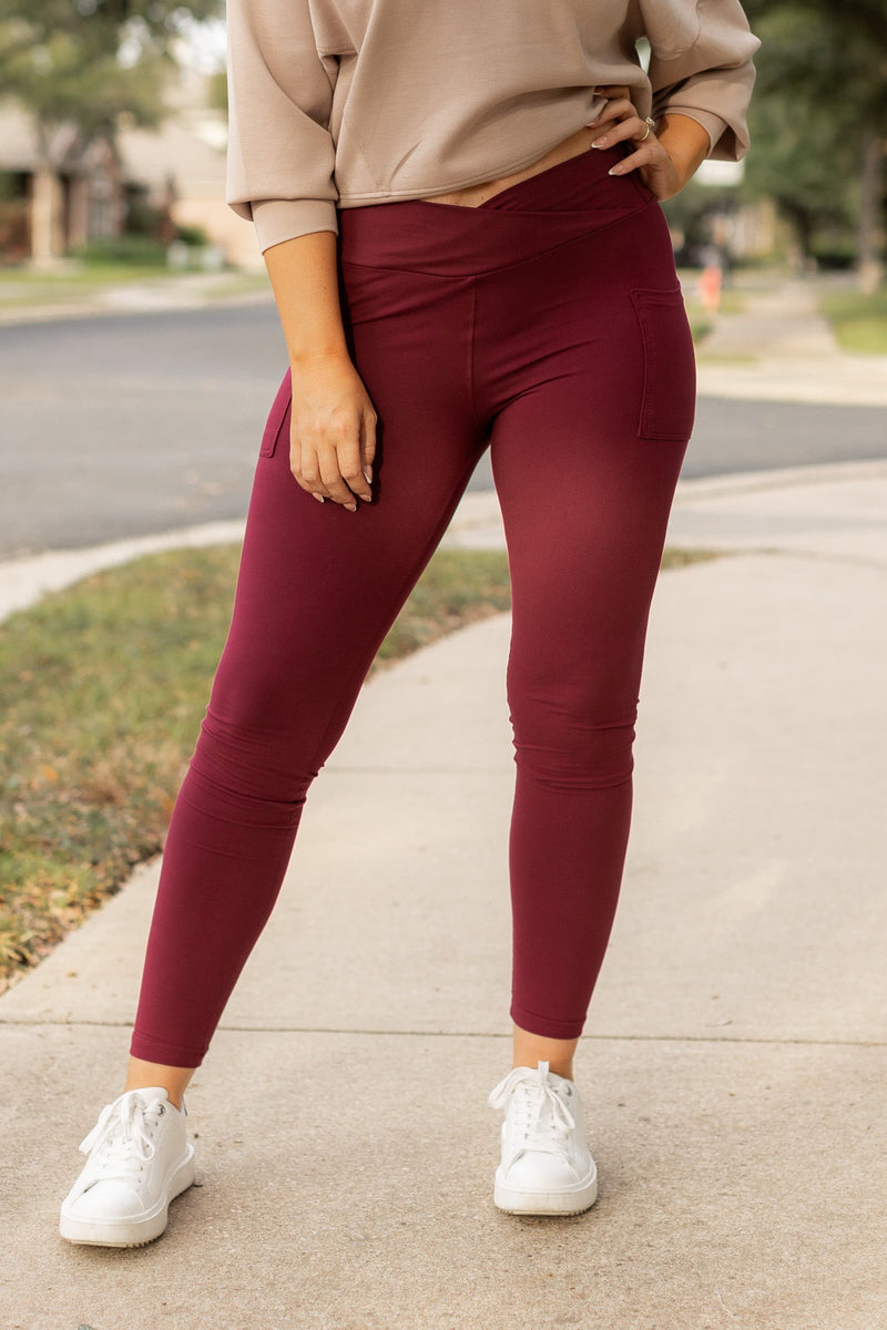 The Molly - MAROON Crossover Full Length Leggings with Pockets  - Luxe Leggings by Julia Rose®