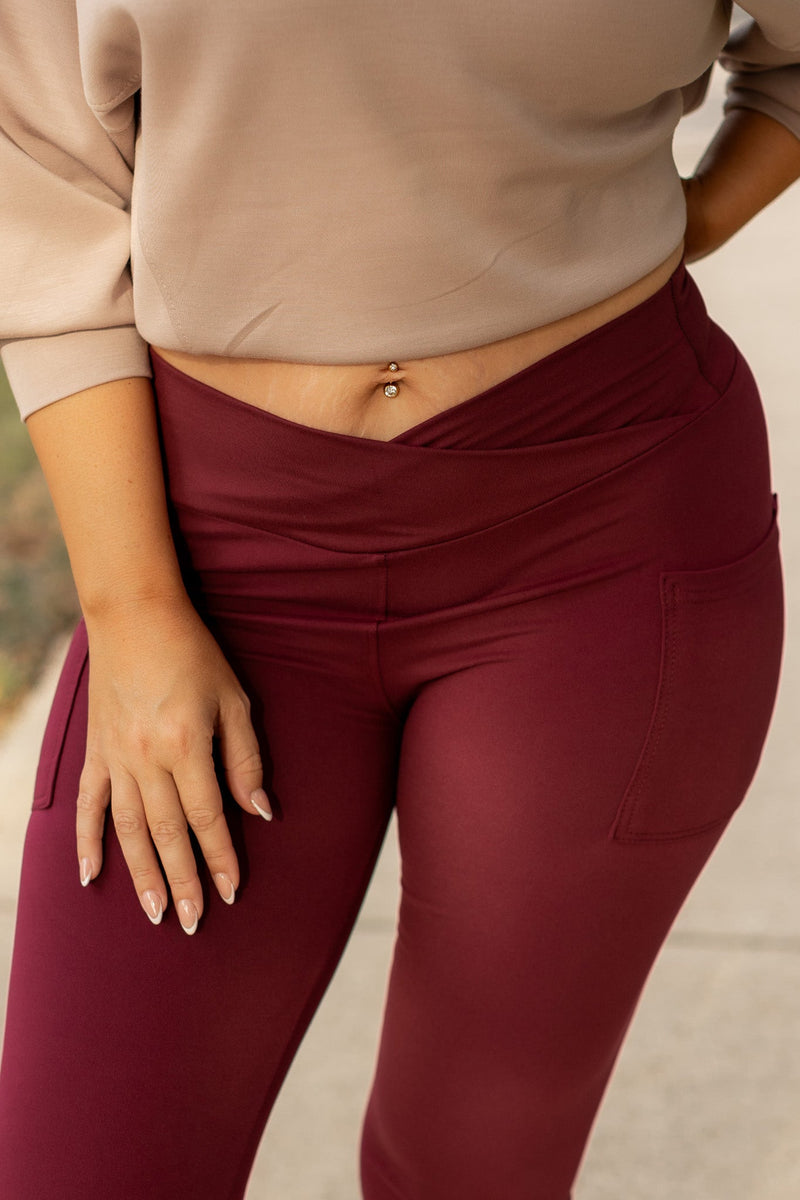 The Molly - MAROON Crossover Full Length Leggings with Pockets  - Luxe Leggings by Julia Rose®