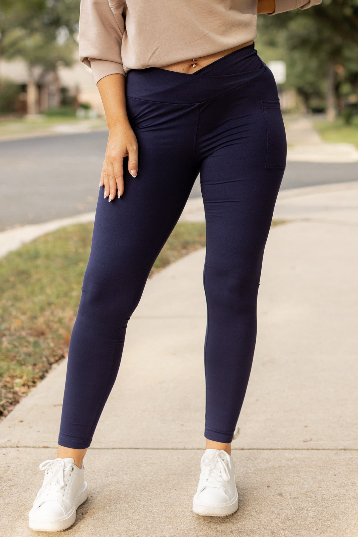 The Nadia - NAVY Crossover Full Length Leggings with Pockets  - Luxe Leggings by Julia Rose®