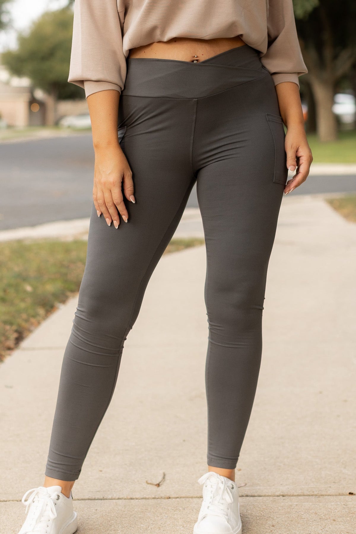 The Caitlin - CHARCOAL Crossover Full Length Leggings with Pockets  - Luxe Leggings by Julia Rose®