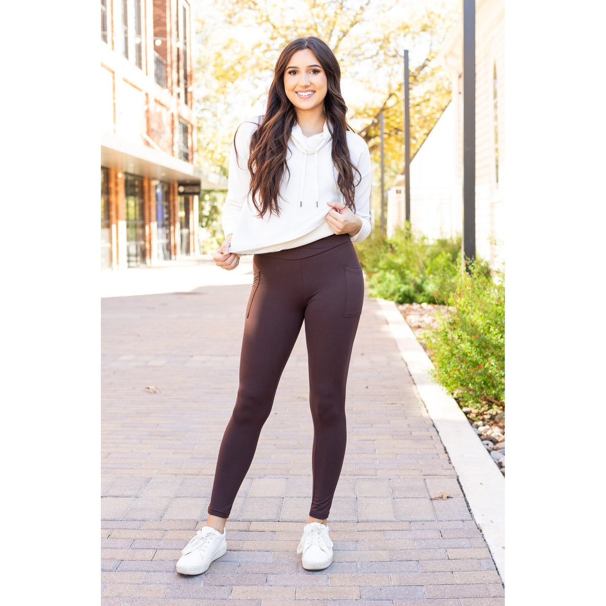 Becca - Brown Crossover Full-Length Leggings with Pockets