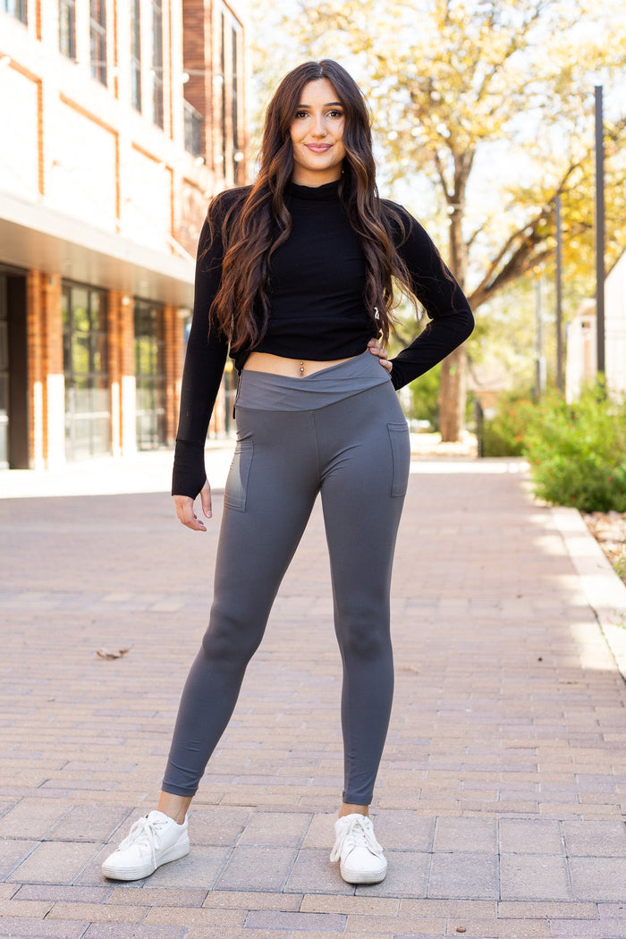 The Caitlin - CHARCOAL Crossover Full Length Leggings with Pockets  - Luxe Leggings by Julia Rose®