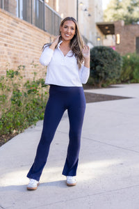 “Julia Rose Navy Flare Lounge Pants with pockets and soft stretch fabric