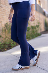 “Julia Rose Navy Flare Lounge Pants with pockets and soft stretch fabric