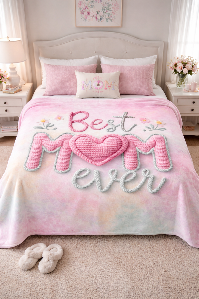 Bed with pink 'Best Mom Ever' blanket in a bedroom setting