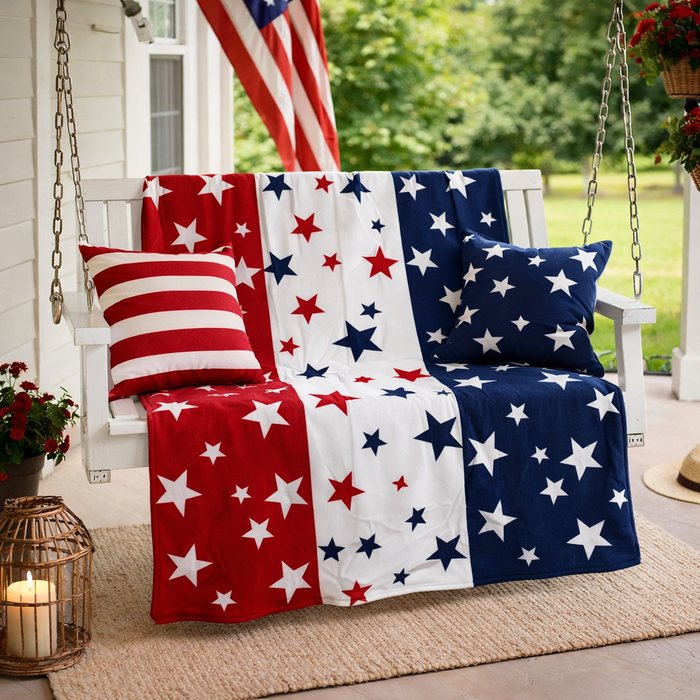 Outdoor setting with a bench covered by a red, white, and blue star-patterned blanket on a porch.