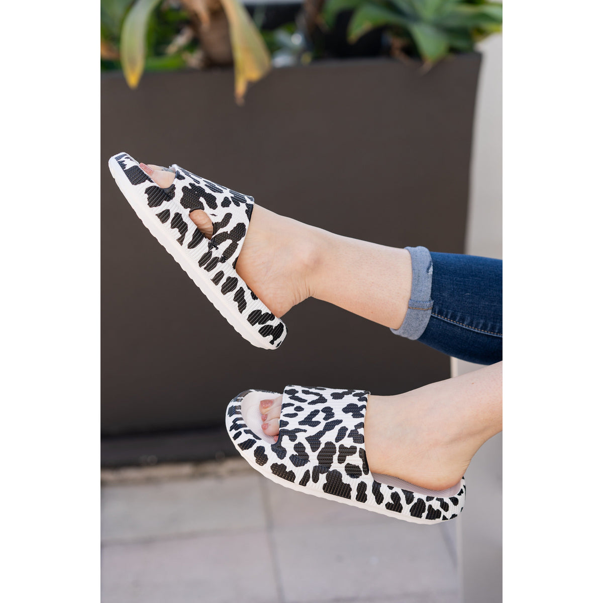 White Leopard Slides