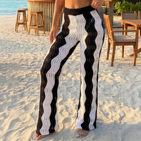Vacation Casual Pants Women Clothing Beach Pants Color Contrast Patchwork Black White Striped Hollow Out Cutout Trousers