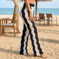 Vacation Casual Pants Women Clothing Beach Pants Color Contrast Patchwork Black White Striped Hollow Out Cutout Trousers