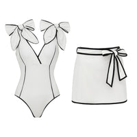 Swimsuit Black White Color Matching Sweet Girl Bow Swimsuit Women White Skirt