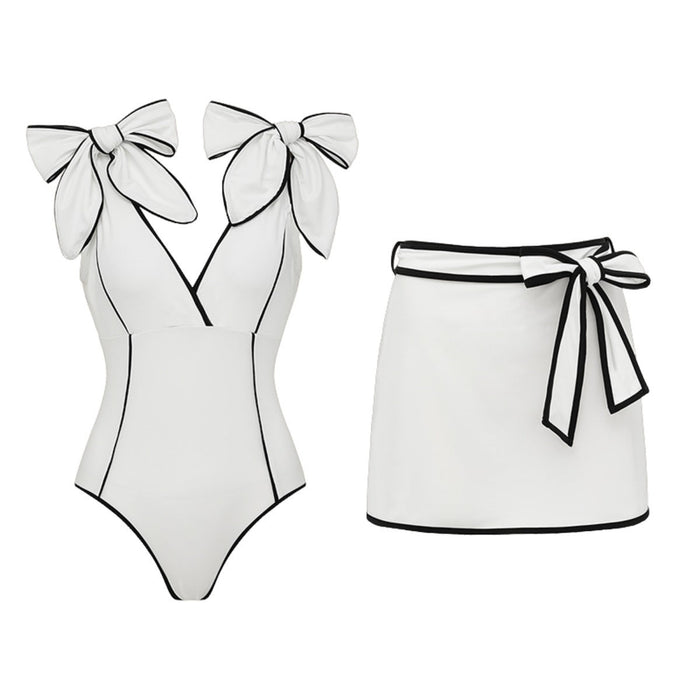 Swimsuit Black White Color Matching Sweet Girl Bow Swimsuit Women White Skirt