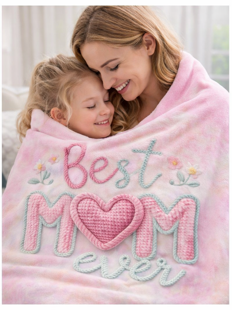 Woman and child wrapped in a pink blanket with 'Best Mom Ever' text